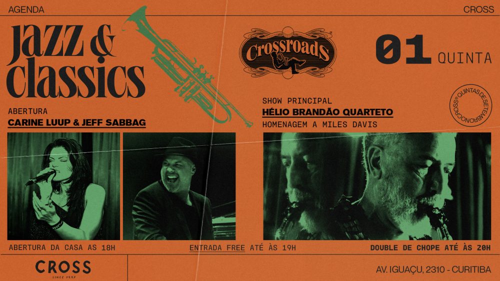 Poucos nomes atravessam a história do jazz com a força de Miles Davis. Trompetista, compositor e bandleader, ele ajudou a transformar o gênero em diferentes momentos, do cool jazz ao jazz modal, passando por fases de experimentação elétrica que ampliaram os caminhos da música instrumental. Nesta quinta-feira, 1º de outubro, essa trajetória serve de ponto de partida para a estreia do Crossroads Jazz & Classics, novo projeto do Crossroads dedicado às diferentes vertentes do jazz.